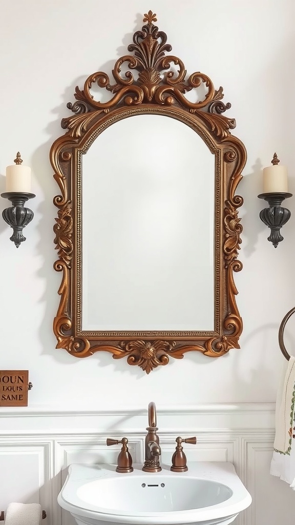 Vintage bathroom mirror with an ornate frame above a sink