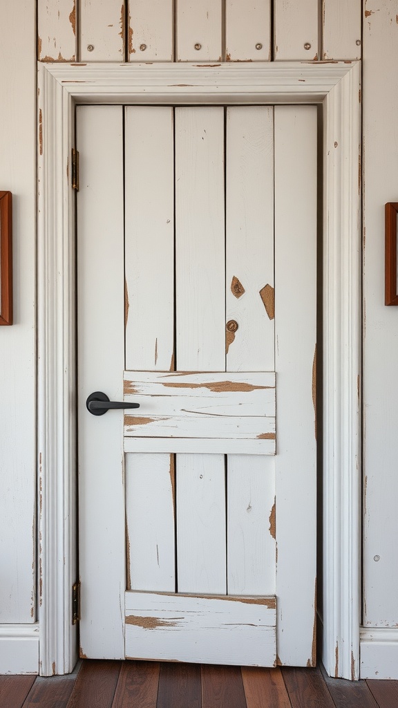 A vintage farmhouse pantry door with peeling white paint and a black handle.