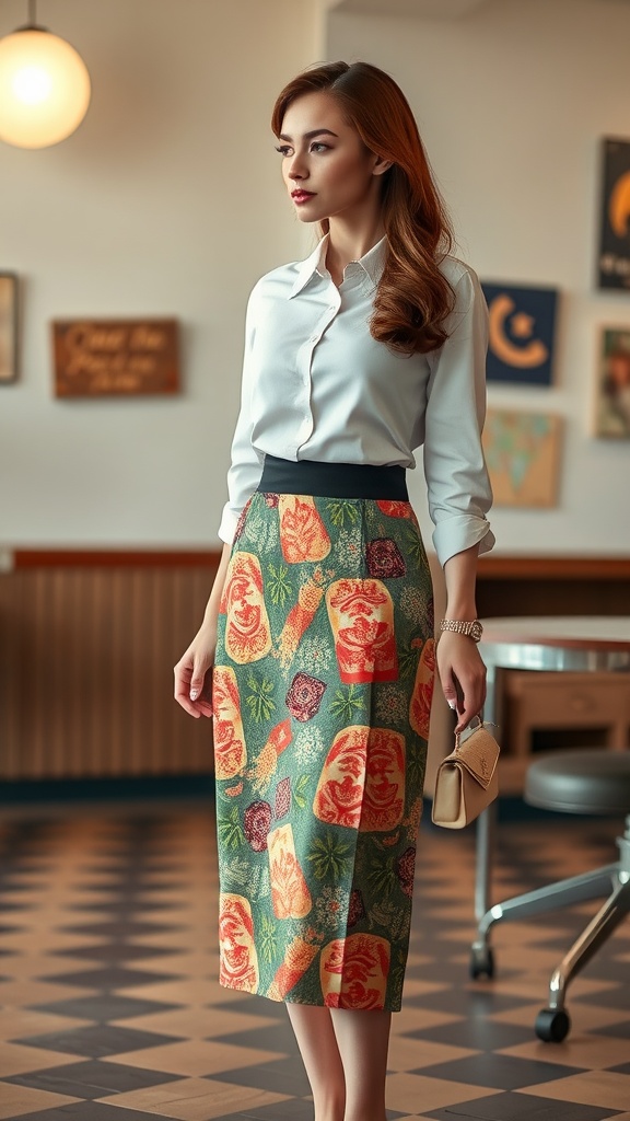 A woman wearing a vintage patterned pencil skirt with a white shirt, showcasing a stylish outfit.