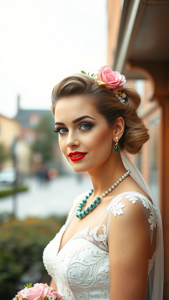 Bride with vintage pin-up hairstyle featuring soft curls and a flower accessory