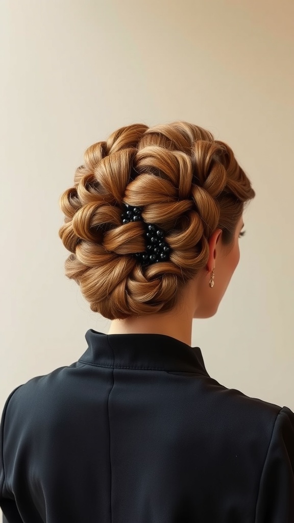 A woman with a vintage roll updo hairstyle featuring rolled sections of hair and decorative black beads.