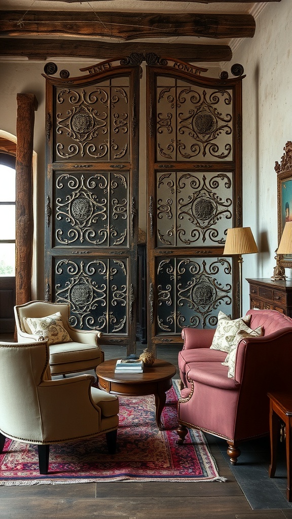 A vintage room divider with intricate metalwork and wooden frames, placed between two comfortable chairs in a cozy living room.