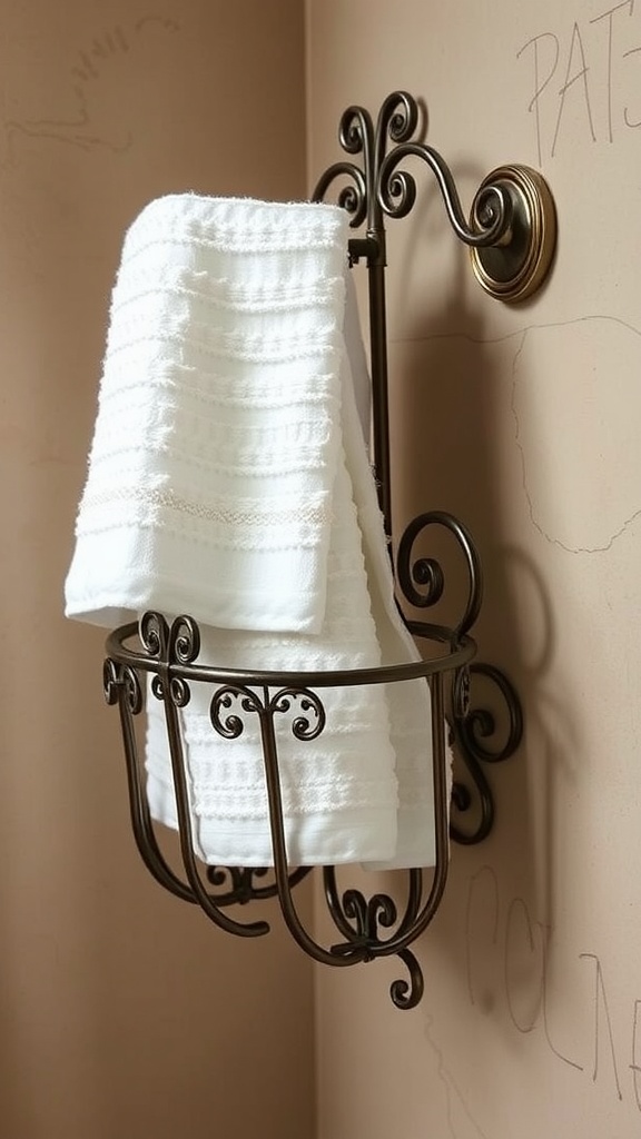 Vintage scrolled towel holder with white towels