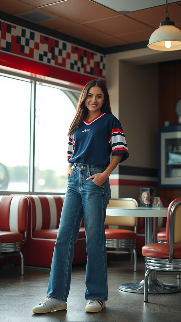 A young woman wearing a vintage sport jersey with high-waisted jeans, smiling in a diner setting.