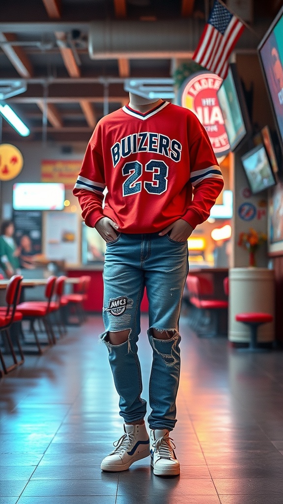 A person wearing a vintage red sports jersey and distressed jeans, standing in a casual setting.