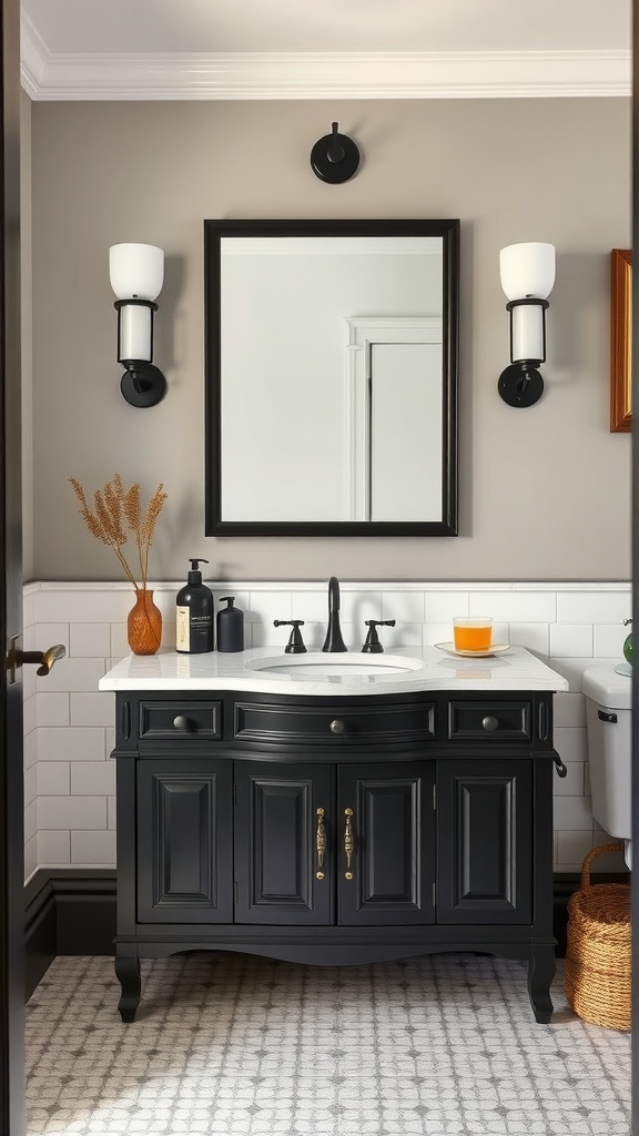 Black bathroom vanity with marble countertop, gold accents, and modern lighting.