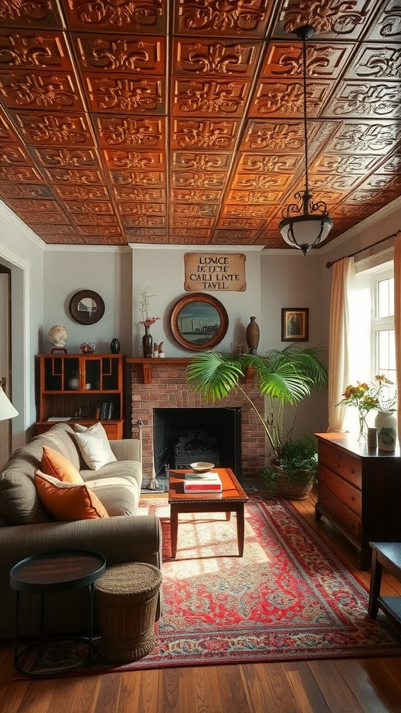 Cozy living room featuring a vintage tin tile ceiling with intricate patterns, warm tones, and a comfortable seating area.