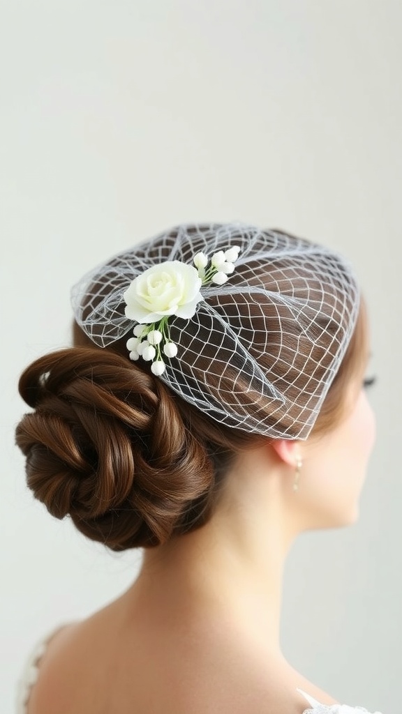 A vintage updo hairstyle with a birdcage veil and a white rose accent.