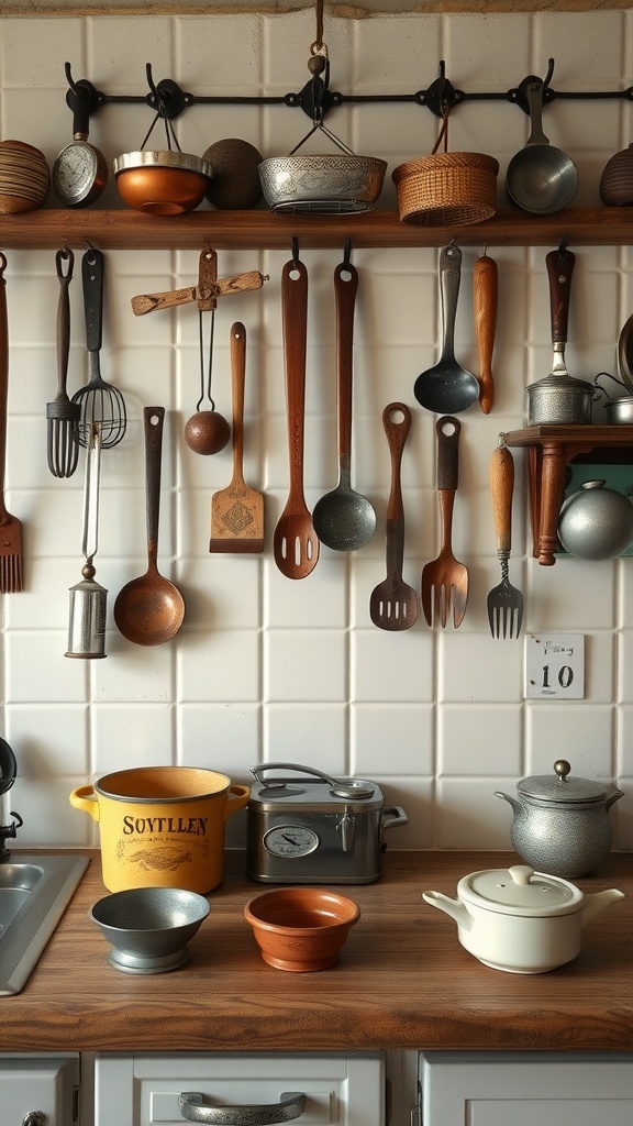 A vintage farmhouse kitchen display of utensils and pots on shelves and a countertop.