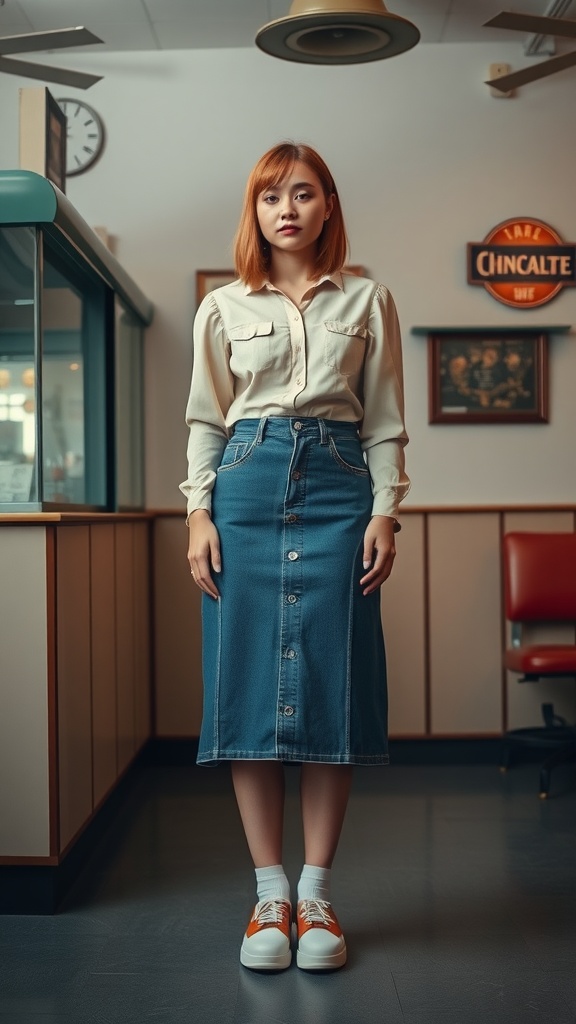 Model wearing a high-waisted denim skirt with a button-down shirt and sneakers in a retro-style cafe.