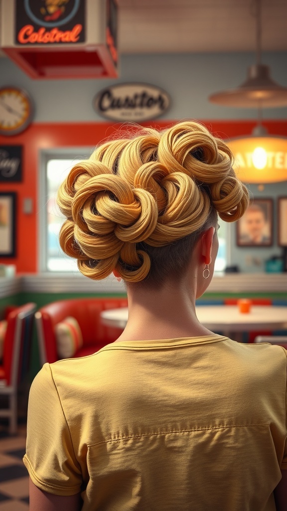 A close-up view of a vintage hairstyle featuring large, elegant victory rolls in blonde hair.