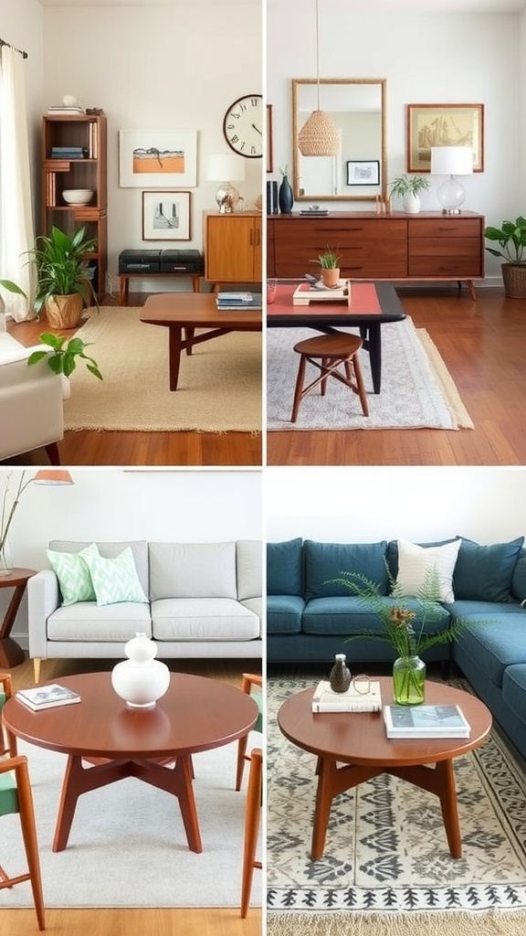 A collage of mid-century modern coffee tables showcasing both vintage and contemporary designs.