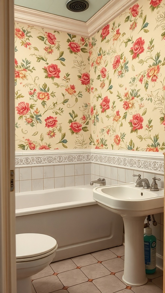 A vintage bathroom featuring floral wallpaper in warm colors