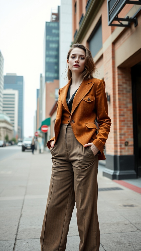 A woman in a vintage orange blazer and brown wide-leg trousers, standing on a city street.