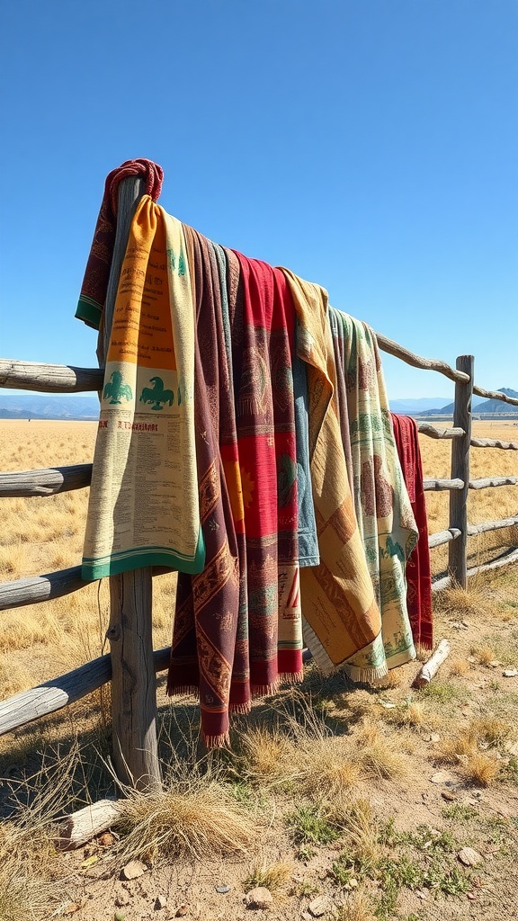 Colorful vintage blankets hanging on a rustic wooden fence against a clear blue sky and golden grass.