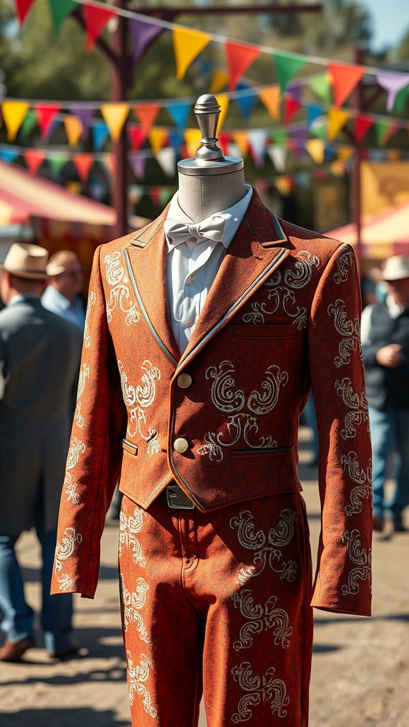 Vintage orange western suit with intricate silver embroidery displayed at a festival.
