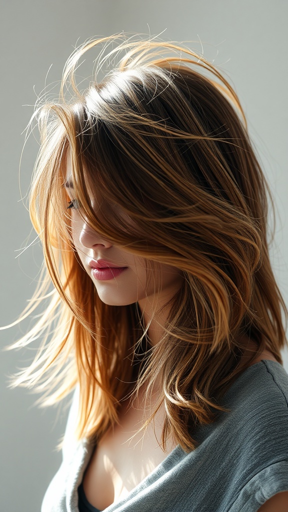 A woman with layered hair that has volume, showcasing a hairstyle ideal for thin hair.