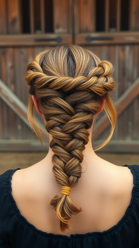 A person with a voluminous braided crown hairstyle, showcasing elaborate braids that circle the head.