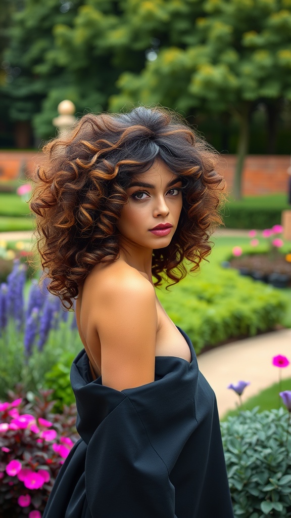 A woman with voluminous curls and highlights standing in a garden surrounded by colorful flowers.