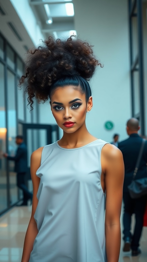 A model showcasing a voluminous curly ponytail hairstyle with bold eye makeup.
