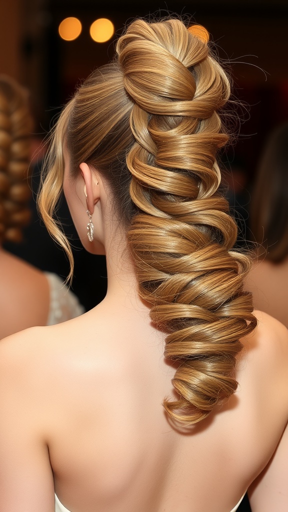 A voluminous ponytail styled with bouncy curls, showcasing a playful and elegant look.