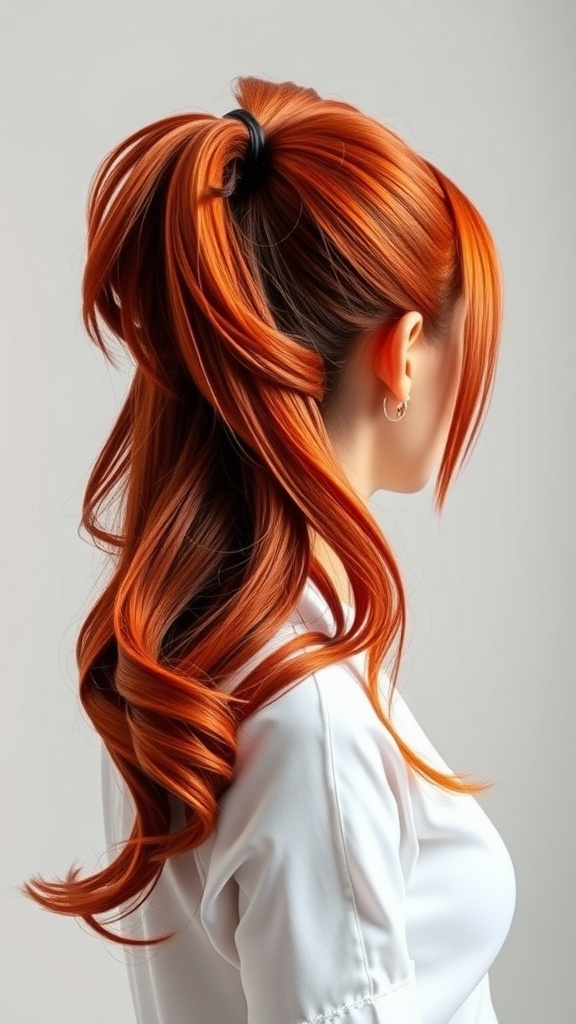 A vibrant red ponytail hairstyle with curls, showcasing volume and elegance, styled with hair extensions.