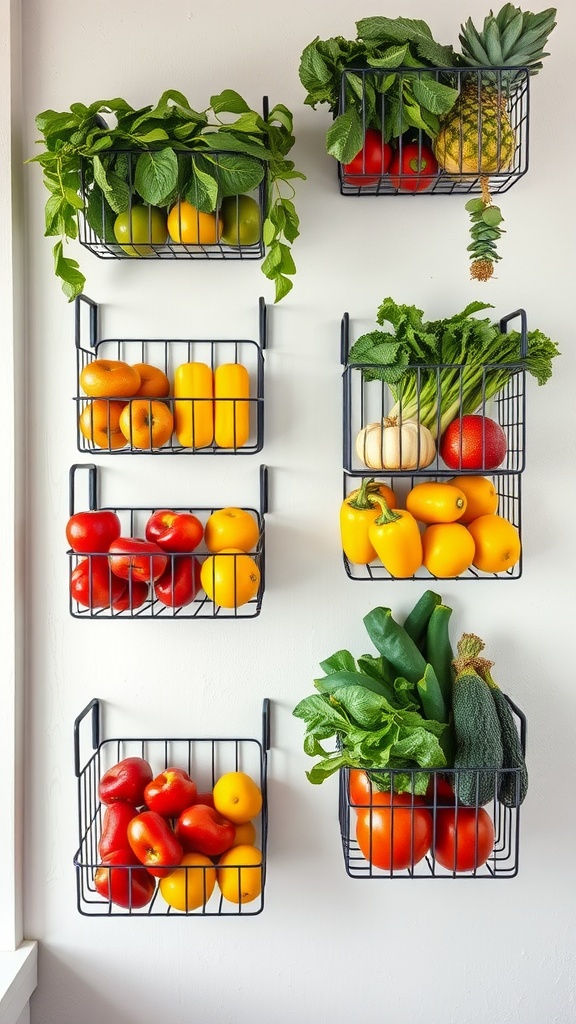 Wall-mounted baskets filled with colorful fruits and vegetables in a small kitchen