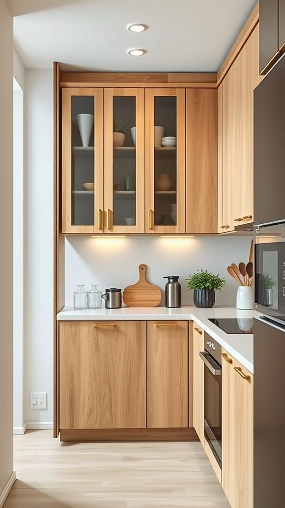 A small kitchen corner with wall-mounted wooden cabinets, featuring glass doors and gold handles.