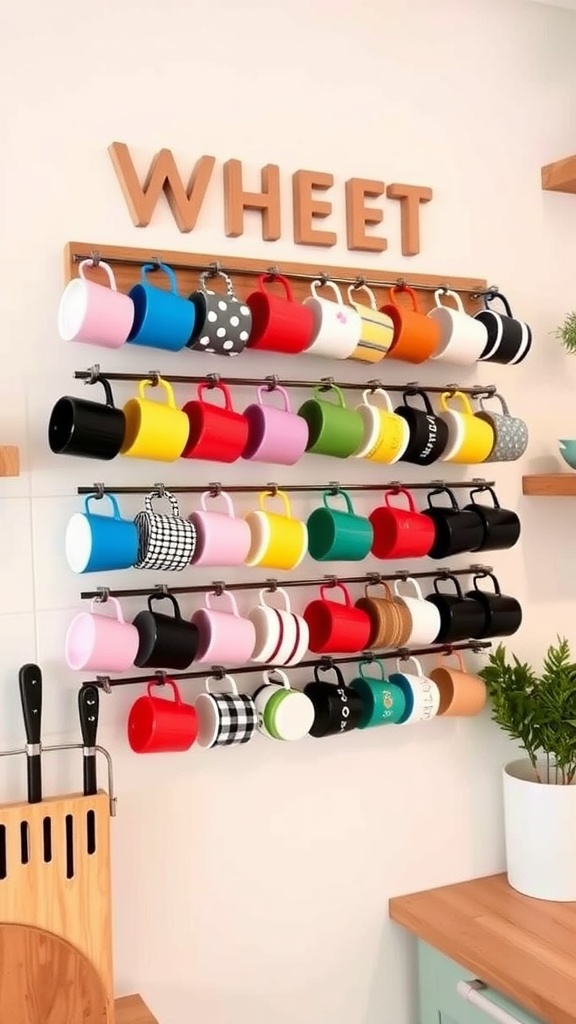 Colorful wall-mounted coffee mug rack with various mug designs