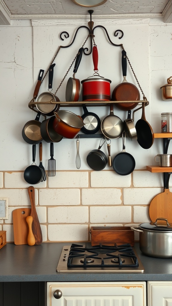 A wall-mounted pot rack displaying pots and pans in a cozy kitchen