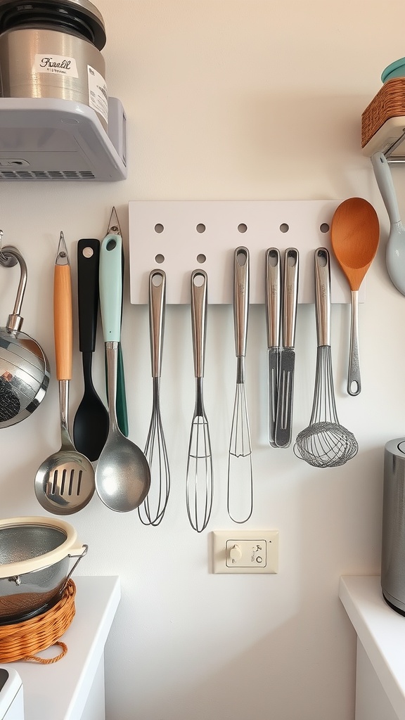 Wall-mounted utensil holder displaying various cooking tools in a small kitchen