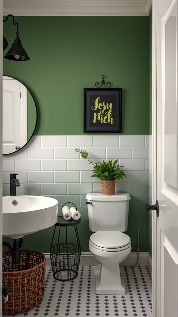 A stylish bathroom with green walls, black decor, and white fixtures.