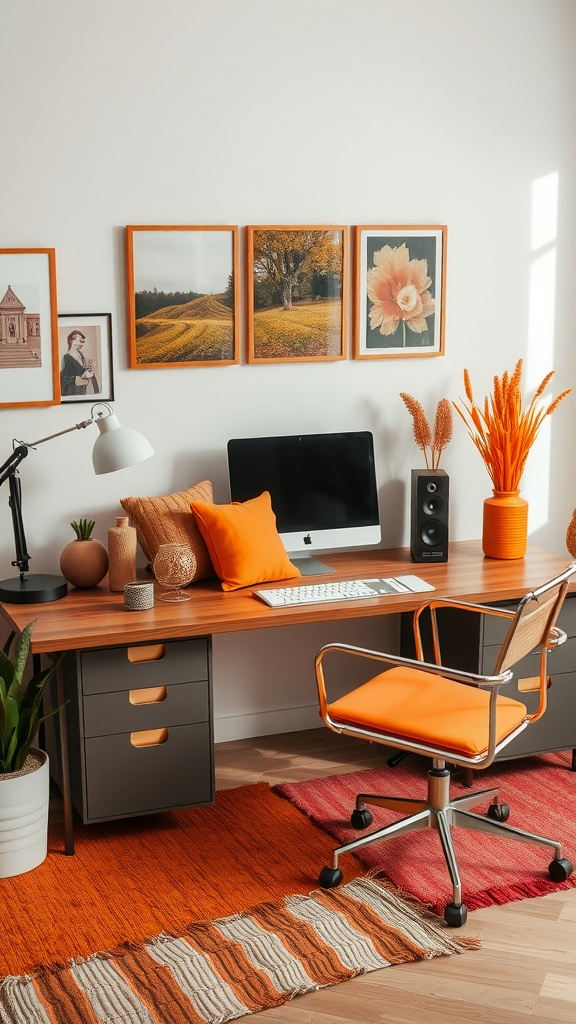 An office desk featuring warm accent colors with orange elements and decor
