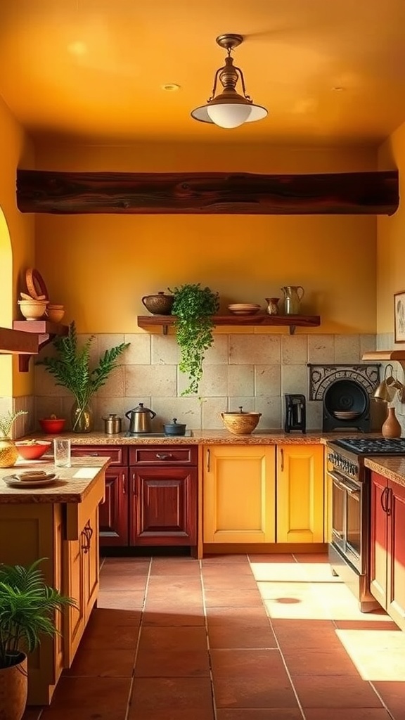 An Italian farmhouse kitchen featuring warm colors, wooden cabinets, and natural elements.