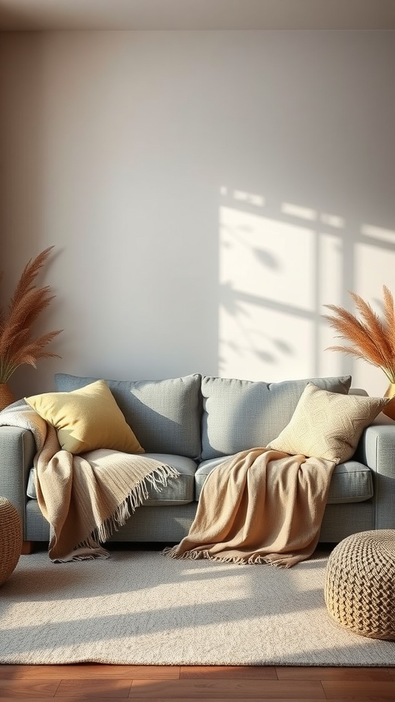 Cozy living room corner featuring a grey sofa with warm cushions and knitted throws, surrounded by natural light and decorative poufs.