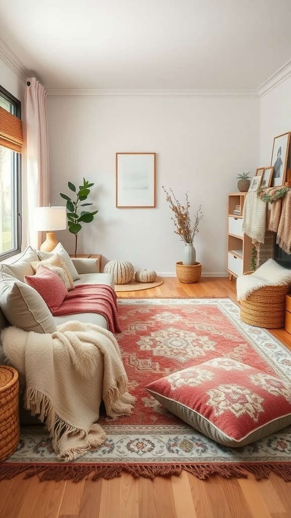 Cozy living room with warm textures, featuring a sofa with blankets, decorative pillows, a patterned rug, and natural decor elements.