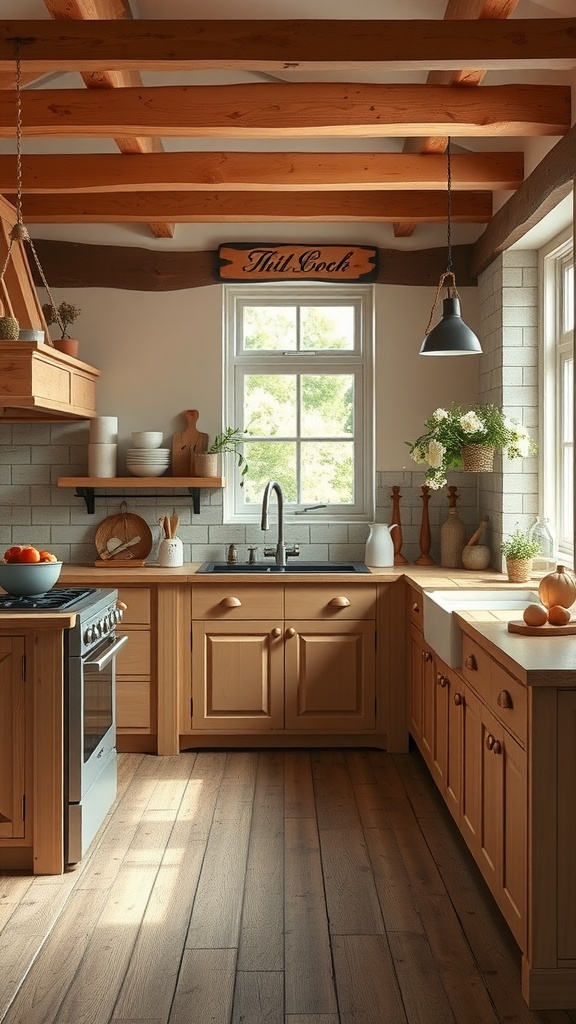 A warm and inviting French farmhouse kitchen featuring wooden beams, natural wood cabinetry, and potted plants.