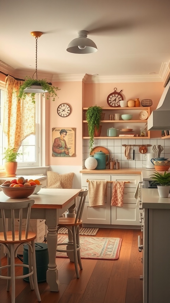 A vintage farmhouse kitchen with a warm peach color scheme, wooden accents, and cozy textiles.