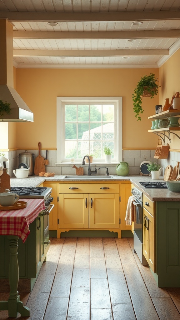 A cozy vintage farmhouse kitchen with yellow cabinets, green accents, and wooden flooring.