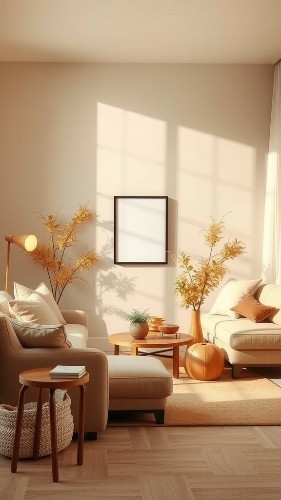 A cozy living room with warm earth tones, featuring a beige couch, wooden furniture, and decorative plants.