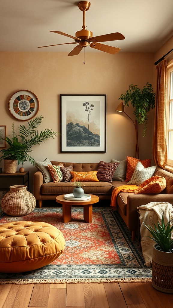 Cozy living room featuring earthy color palette with brown sofa, orange accents, and plants.