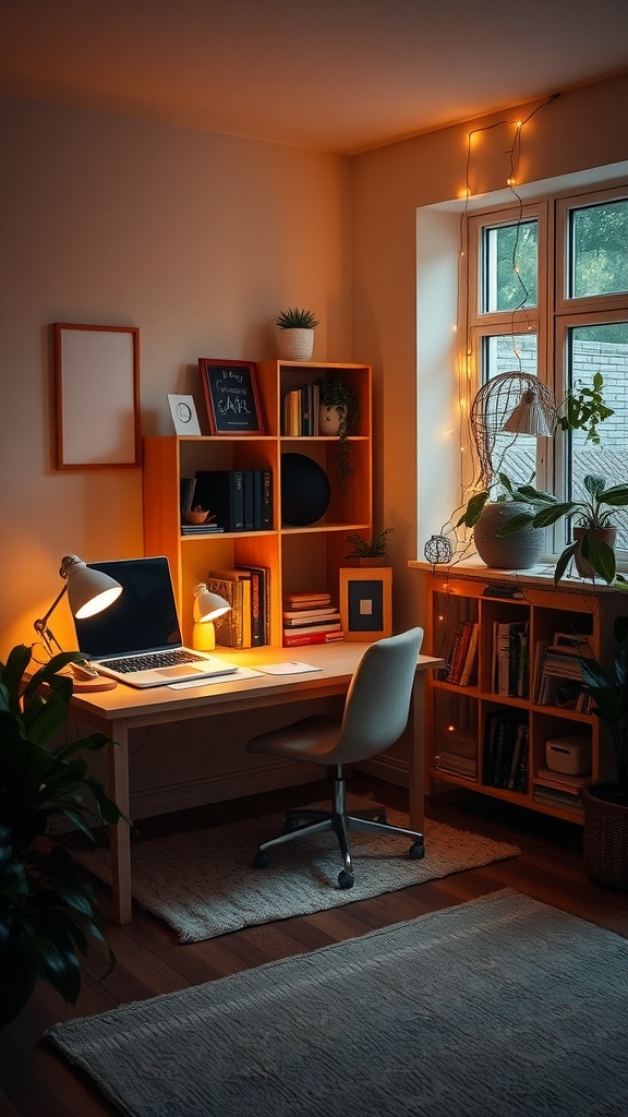 A warm and cozy small home office featuring a desk with a lamp, fairy lights, and plants.