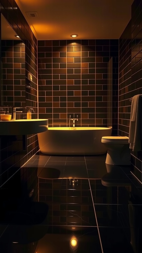 A stylish black bathroom with warm lighting illuminating the space, featuring a modern bathtub and sleek fixtures.