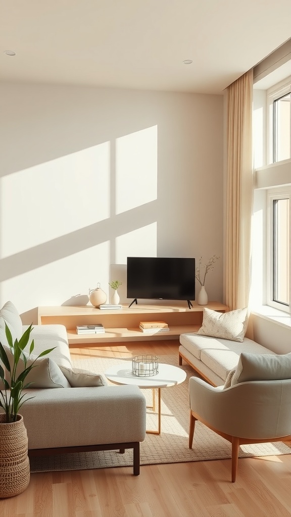 A cozy minimalist living room featuring a warm neutral color palette with light wood furniture and natural light.