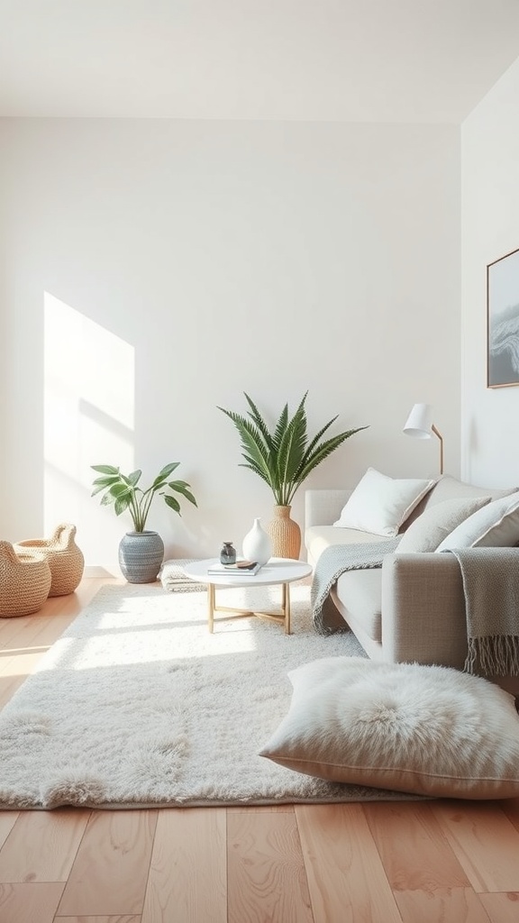A cozy minimalist living room with soft textures, warm textiles, and natural elements.
