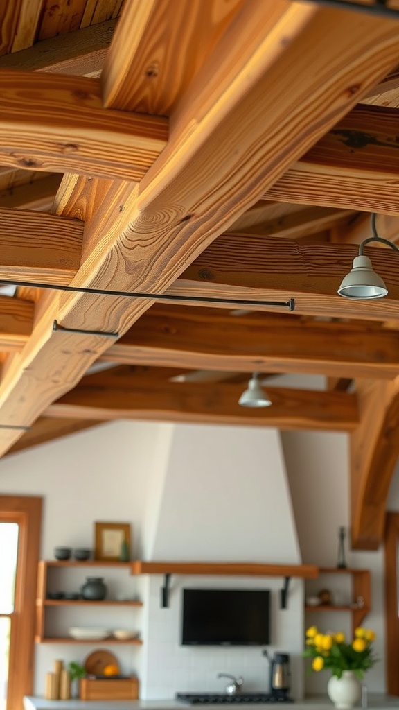 A rustic kitchen with warm wooden beams and shelves, featuring a modern design.