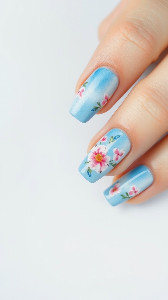 A hand with light blue nails featuring watercolor floral art, showcasing pink flowers and green leaves.
