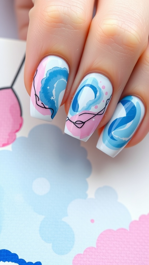 Nail art featuring watercolor swirls in soft blue and pink hues with black outlines.