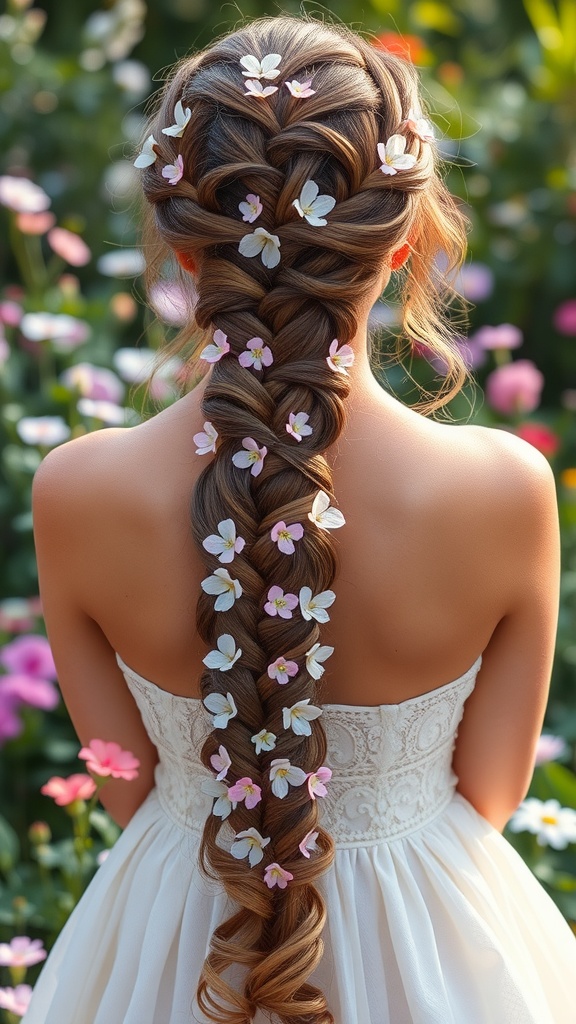 A waterfall braid decorated with small flowers, showcased on a woman wearing a white dress, surrounded by colorful flowers.
