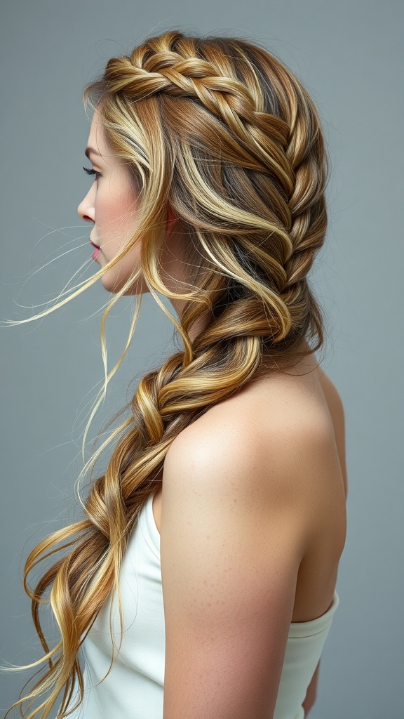 A woman with a beautifully styled waterfall braid showcasing soft waves in her hair.